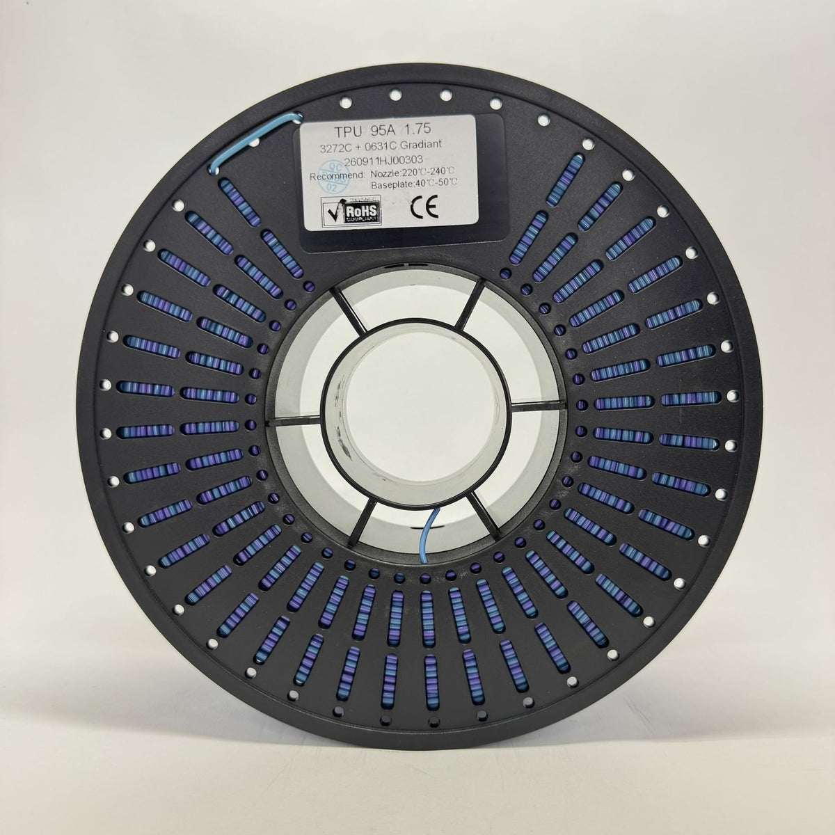TPU 95A Gradient filament spool, Teal + Violet, front view