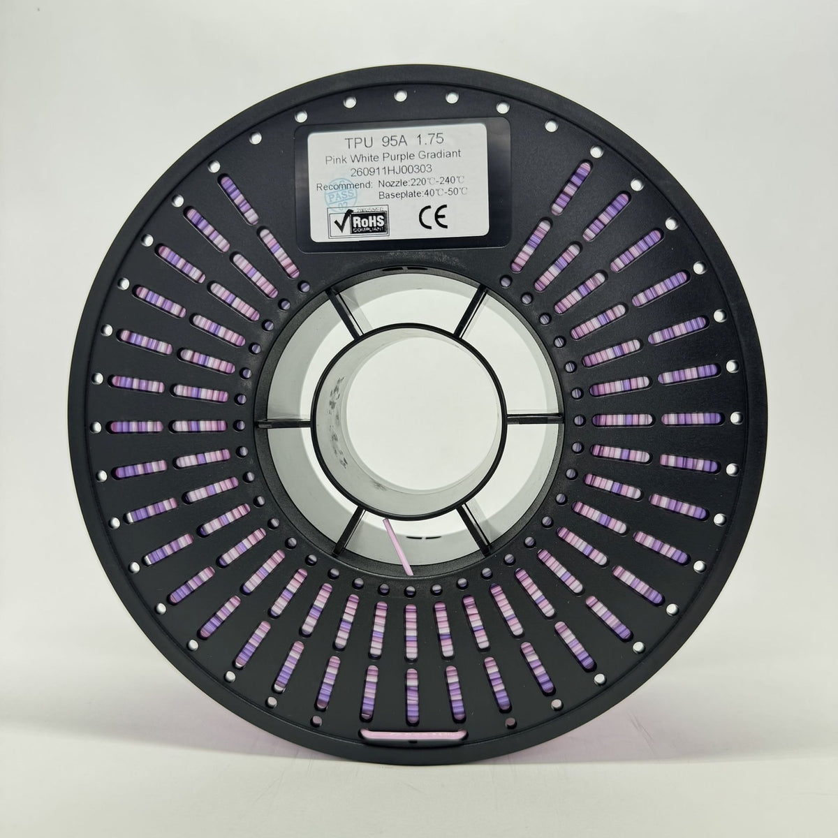 TPU 95A Gradient filament spool, Pink + White + Purple, front view